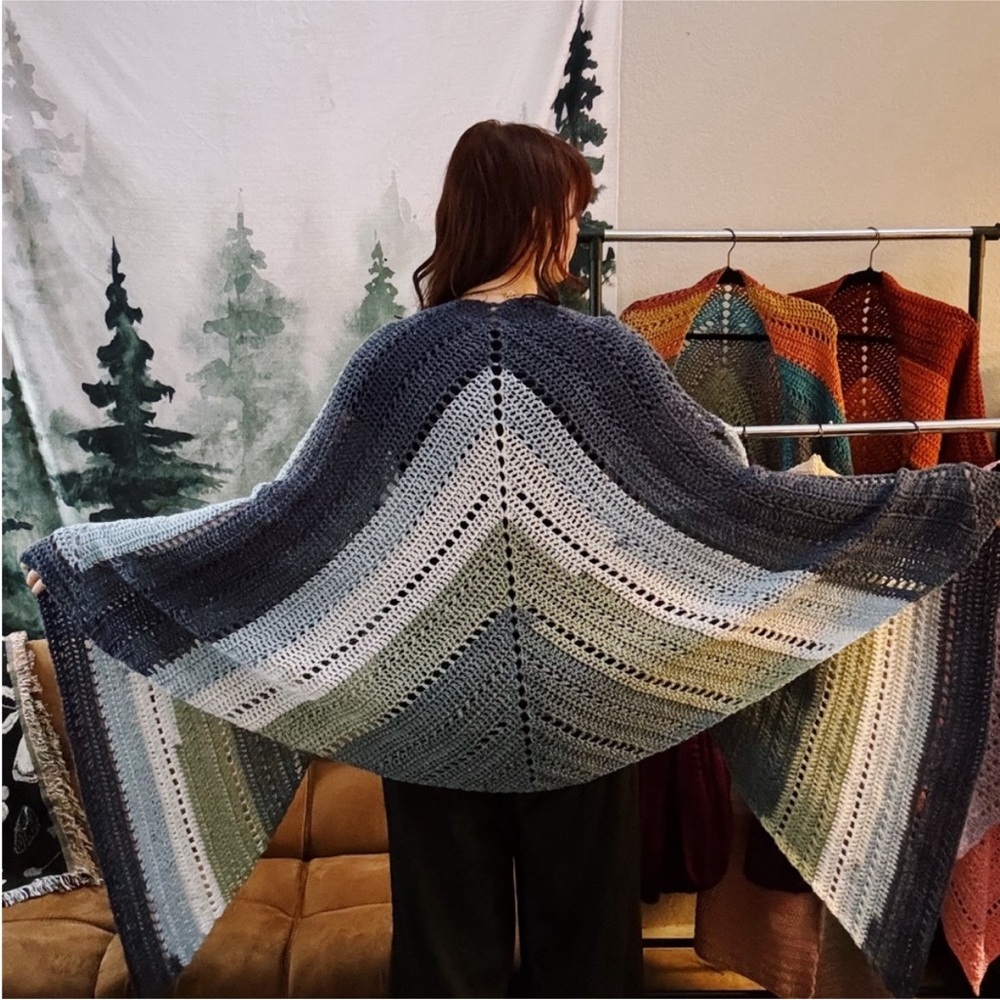 Elegant Multicolor (Blue, Green, and Cream) Handmade Crochet Shawl